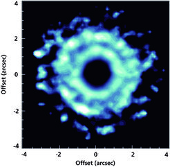The protoplanetary disk around the young star TW Hydrae. Left image uses light from a spectral line of carbon monosulfide (CS), right image light scattered by dust particles in the disk.