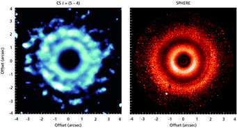 The protoplanetary disk around the young star TW Hydrae. Left image uses light from a spectral line of carbon monosulfide (CS), right image light scattered by dust particles in the disk. Some of the characteristic ring structures are visible in both images. (Image is cropped relative to figure 1.) The protoplanetary disk around the young star TW Hydrae. Left image uses light from a spectral line of carbon monosulfide (CS), right image light scattered by dust particles in the disk. Some of the characteristic ring structures are visible in both images. (Image is cropped relative to figure 1.)