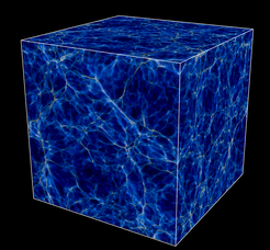 Figure 1: Volume rendering of the output from a supercomputer simulation showing part of the cosmic web, 11.5 billion years ago. This and other models of the universe were generated and directly compared with quasar pair data in order to measure the small-scale ripples in the cosmic web. The cube is 24 million light-years on a side.