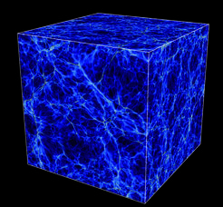 Figure 1: Volume rendering of the output from a supercomputer simulation showing part of the cosmic web, 11.5 billion years ago. This and other models of the universe were generated and directly compared with quasar pair data in order to measure the small-scale ripples in the cosmic web. The cube is 24 million light-years on a side.
