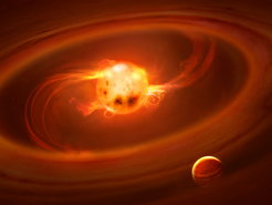 Künstlerische Darstellung der heißen Gasströme, mit deren Hilfe junge Sterne wachsen. Magnetfelder leiten Materie von der umgebenden zirkumstellaren Scheibe, dem Geburtsort der Planeten, auf die Oberfläche des Sterns, wo sie intensive Strahlungsausbrüche erzeugen.