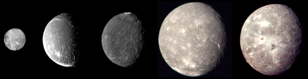 Images of the five largest Uranian moons Miranda, Ariel, Umbriel, Titania and Oberon. The space probe Voyager 2 took these images during a fly-by on 24 January 1986. The diameters of the moons are shown to scale.
