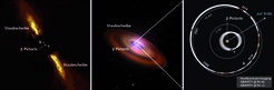 Geometrie des β Pictoris-Systems. Links: Künstlerische Darstellung des Stern und der zwei in die staubige Scheibe eingebetteten Planeten, basierend auf früheren Beobachtungen. In der Mitte: Künstlerische Darstellung des Scheiben-Planetensystems. Rechts: Dimensionen des Systems, von oben betrachtet. Frühere Beobachtungen von β Pictoris b (orangefarbene Rauten und rote Kreise) und die neuen Beobachtungen von β Pictoris c (grüne Kreise) sind ebenfalls dargestellt. Die Planetenbahnen sind in weiß eingezeichnet. Verbleibende Unsicherheiten bei der Rekonstruktion der Umlaufbahn von β Pictoris c sind als graue Flächen dargestellt.
