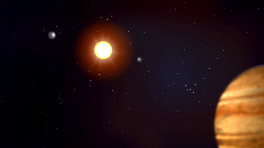 Künstlerische Darstellung eines Planetensystems mit zwei Supererden und einem Jupiter im Orbit um einen sonnenähnlichen Stern. Simulationen ergeben, dass sich aus massereichen protoplanetaren Scheiben neben felsigen Supererden mit geringen Anteilen an Eis und Gas im Inneren des Planetensystems im Außenbereich oft ein kalter Jupiter bildet. Künstlerische Darstellung eines Planetensystems mit zwei Supererden und einem Jupiter im Orbit um einen sonnenähnlichen Stern. Simulationen ergeben, dass sich aus massereichen protoplanetaren Scheiben neben felsigen Supererden mit geringen Anteilen an Eis und Gas im Inneren des Planetensystems im Außenbereich oft ein kalter Jupiter bildet.