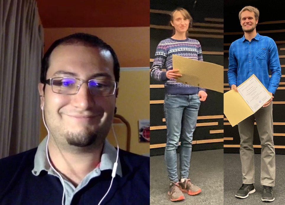 Aufgrund der Corona-Pandemie fanden die diesjährige Preisverleihung und die damit verbundenen Vorträge weitestgehend per Video und ohne Publikum statt. Neige Frankel (Mitte) und Nico Krieger (rechts) konnten die Urkunde am MPIA in Empfang nehmen, Alessandro Savino (links) war per Video zugeschaltet.