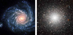 Überraschende Verwandtschaft: Spiralen (links) gehören zu den klassischen Galaxien – das wissen die Astronomen schon lange; unsere Milchstraße sieht, von außen betrachtet, ähnlich aus. Neu ist hingegen die Erkenntnis, dass auch Kugelsternhaufen (rechts) zu dieser Familie zählen – als die Kerngebiete ehemaliger Zwerggalaxien.