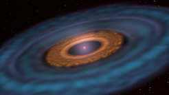 Künstlerische Darstellung einer planetenbildenden Scheibe aus Staub und Gas um einen sehr massearmen Stern (VLMS). Die innere Staubscheibe enthält eine Ringstruktur, die die Entstehung eines neuen Planeten andeutet. Die Staubscheibe ist in eine größere Gasscheibe eingebettet, deren Dicke zum Rand hin zunimmt.