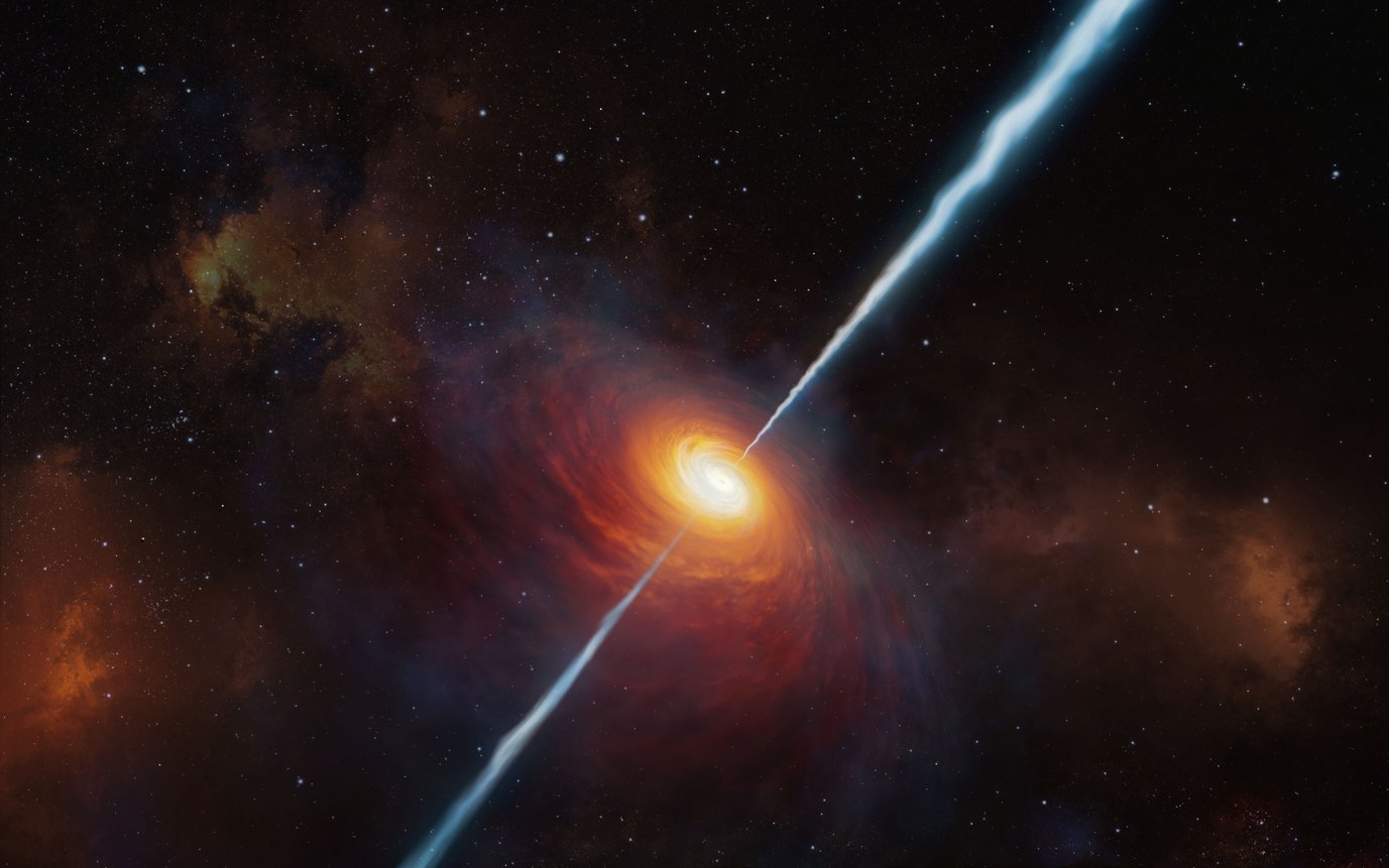 Künstlerische Darstellung eines Quasars wie P172+18. Ein zentrales supermassereiches schwarzes Loch zieht benachbartes Gas an. Dieses wirbelt über eine Akkretionsscheibe mit hoher Geschwindigkeit in das Schwarze Loch hinein. Durch Reibung wird das Gas auf sehr hohe Temperaturen aufgeheizt, was zu einer Freisetzung intensiver UV-Strahlung führt. Verdrillte Magnetfelder erzeugen oberhalb und unterhalb der Akkretionsscheibe fokussierte Jets, die einen Teil des heißen, ionisierten Gases abtransportieren. Diese Jets sind eine Quelle für die starke Radioemission.