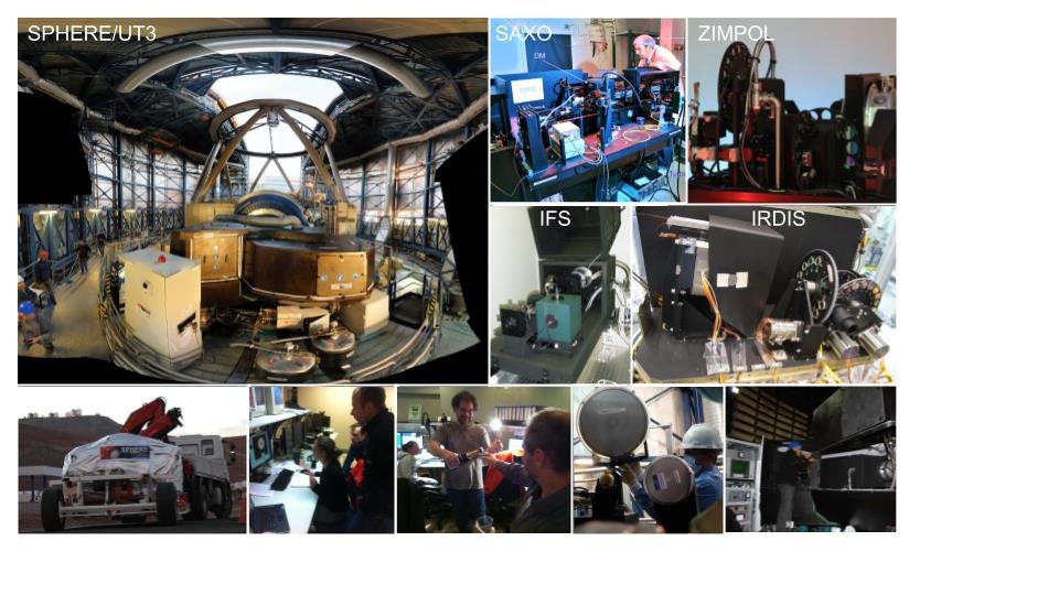 Oben links: SPHERE auf der Nasmyth-Plattform des Very Large Telescope. Oben rechts: SPHERE-Subsysteme: SAXO, das extreme adaptive Optiksystem, ZIMPOL, das Zurich Imaging Polarimeter, IFS, der Integral-Feld-Spektrograph, und IRDIS, der Nahinfrarot-Imager und -Spektrograph. Unten: Bilder vom ersten Light von SPHERE im Frühjahr 2014 und der weiteren Umsetzung: LKW und SPHERE auf dem Weg zu UT3, erstes Light im Kontrollraum, Installation des dritten torischen Spiegels und Befestigung des SPHERE-Gehäuses.