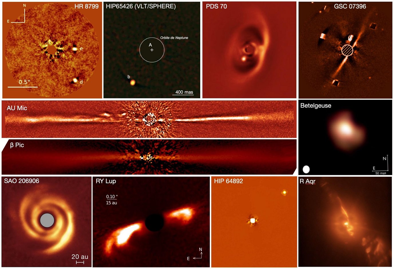 Galerie astrophysikalischer Ergebnisse von Exoplaneten, Scheiben, jungen und entwickelten Sternen, die vom SPHERE-Konsortium seit dem ersten Licht von SPHEREim Mai 2014 veröffentlicht wurden.