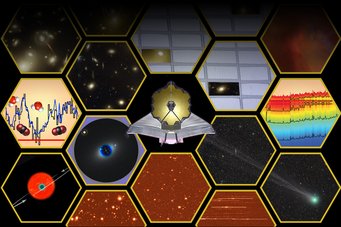 Diese Künstlerillustration zeigt die wissenschaftlichen Möglichkeiten des JWST. Der große Spiegel, die Empfindlichkeit im nahen bis mittleren Infrarot und die hochauflösenden bildgebenden und spektroskopischen Fähigkeiten werden ermöglichen, nach den ersten Galaxien zu suchen, die Entstehung von Sternen zu erforschen und die physikalischen und chemischen Eigenschaften von Planetensystemen, einschließlich unseres eigenen Sonnensystems, zu messen. Diese Künstlerillustration zeigt die wissenschaftlichen Möglichkeiten des JWST. Der große Spiegel, die Empfindlichkeit im nahen bis mittleren Infrarot und die hochauflösenden bildgebenden und spektroskopischen Fähigkeiten werden ermöglichen, nach den ersten Galaxien zu suchen, die Entstehung von Sternen zu erforschen und die physikalischen und chemischen Eigenschaften von Planetensystemen, einschließlich unseres eigenen Sonnensystems, zu messen.