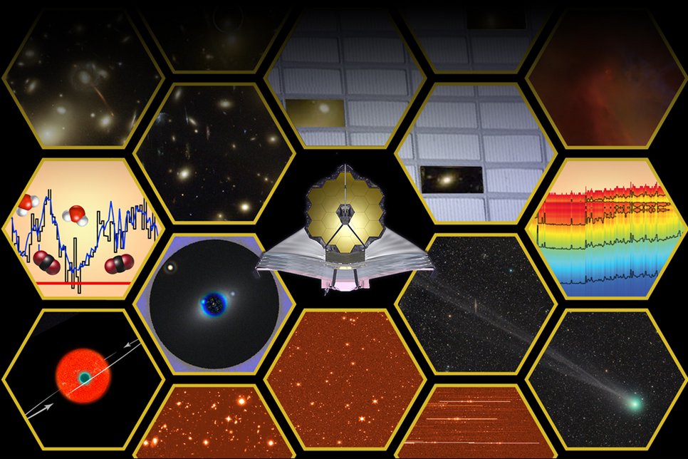 Diese Künstlerillustration zeigt die wissenschaftlichen Möglichkeiten des JWST. Der große Spiegel, die Empfindlichkeit im nahen bis mittleren Infrarot und die hochauflösenden bildgebenden und spektroskopischen Fähigkeiten werden ermöglichen, nach den ersten Galaxien zu suchen, die Entstehung von Sternen zu erforschen und die physikalischen und chemischen Eigenschaften von Planetensystemen, einschließlich unseres eigenen Sonnensystems, zu messen.