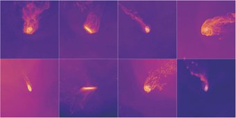 Acht Beispiele für Quallen-Galaxien. Solche Bilder werden den Teilnehmer*innen des neuen Zooniverse-Projekts zur Klassifikation vorgelegt. Acht Beispiele für Quallen-Galaxien. Solche Bilder werden den Teilnehmer*innen des neuen Zooniverse-Projekts zur Klassifikation vorgelegt.