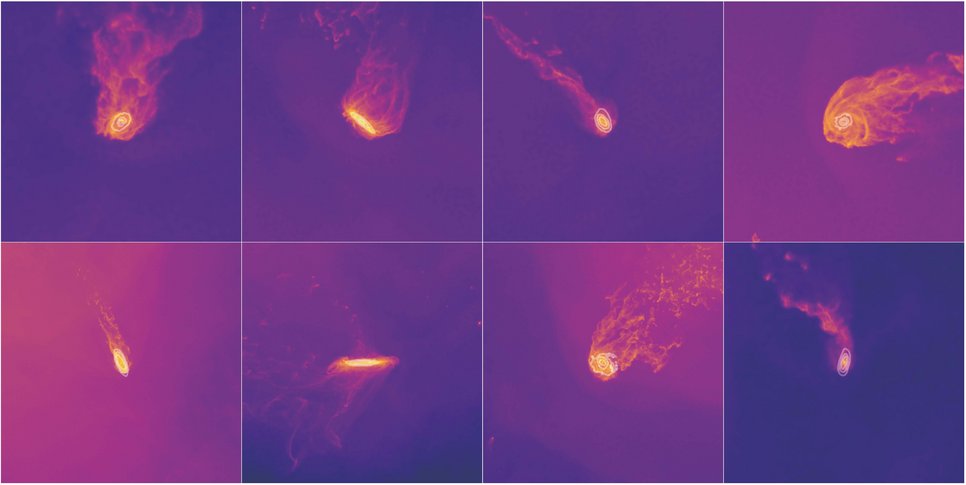 Acht Beispiele für Quallen-Galaxien. Solche Bilder werden den Teilnehmer*innen des neuen Zooniverse-Projekts zur Klassifikation vorgelegt.