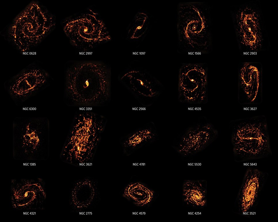 Mit dem Atacama Large Millimeter/submillimeter Array (ALMA) haben Wissenschaftlerinnen und Wissenschaftler eine Durchmusterung von fast 100 Galaxien im nahen Universum durchgeführt, die ihr Verhalten und ihre Erscheinungen zeigt. Die Forschenden verglichen die ALMA-Daten mit denen des Hubble-Weltraumteleskops, die hier in einer Zusammenstellung gezeigt werden. Die Untersuchung ergab, dass entgegen der landläufigen wissenschaftlichen Meinung nicht alle sternbildenden Molekülwolken gleich aussehen und sich auch nicht gleich verhalten. Tatsächlich sind sie, wie hier gezeigt, so unterschiedlich wie die Wohngebiete, Städte, Regionen und Länder, aus denen unsere Welt besteht.