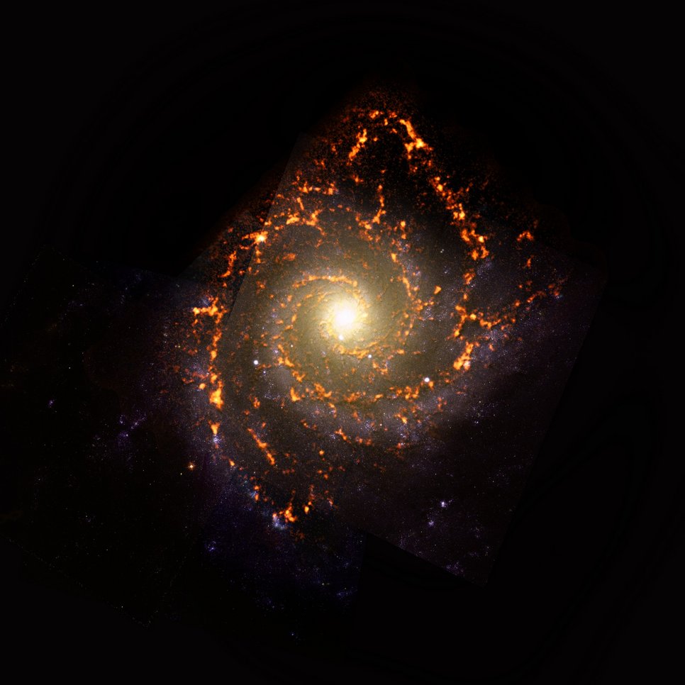 Innerhalb der PHANGS-Durchmusterung wurde auch NGC 628 (=Messier 74) untersucht - eine Galaxie mit reiner Spiralstruktur. NGC0628 ist hier als ALMA-Komposit (orange/rot) mit Hubble Space Telescope (HST)-Daten dargestellt.