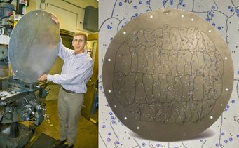 Left: David Schlegel, a key developer of SDSS’s spectroscopy program and the Principal Investigator of the SDSS-III BOSS survey, holds up a newly drilled plate. Right: A plate from the SDSS-III BOSS survey, against a zoomed-in background of itself, showing the holes and the annotations used to help plug in the optical fibers. Left: David Schlegel, a key developer of SDSS’s spectroscopy program and the Principal Investigator of the SDSS-III BOSS survey, holds up a newly drilled plate. Right: A plate from the SDSS-III BOSS survey, against a zoomed-in background of itself, showing the holes and the annotations used to help plug in the optical fibers.