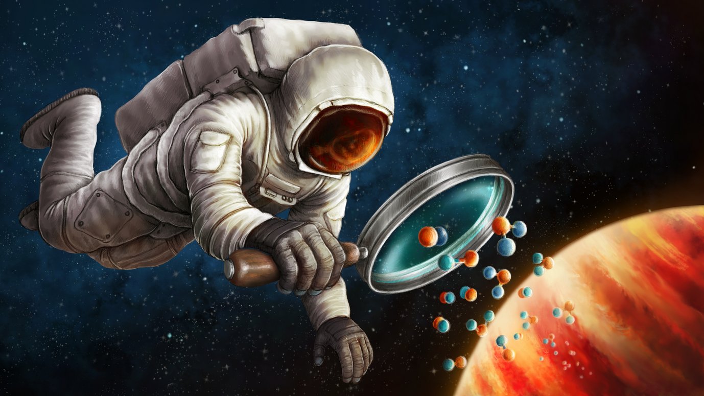 Cartoon about the discovery of carbon-13 in the atmosphere of an exoplanet. In reality, the astronomers were sitting behind their desks analysing the spectra of the exoplanet TYC-8998 b made by ESO’s Very Large Telescope in Chile.