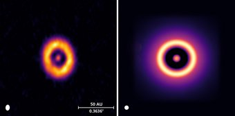 Comparison between observed and simulated dust distributions in transition disks. Left: Image of the disk around the object CIDA1 at a wavelength of 0.9 mm obtained with the ALMA interferometer as published in Pinilla et al., A&A 649, A122 (2021), DOI: 10.1051/0004-6361/202140371. The disk is slightly tilted with respect to the image plane. Right: Synthetic image of the dust distribution from the simulations performed by Matías Gárate and collaborators. Comparison between observed and simulated dust distributions in transition disks. Left: Image of the disk around the object CIDA1 at a wavelength of 0.9 mm obtained with the ALMA interferometer as published in Pinilla et al., A&A 649, A122 (2021), DOI: 10.1051/0004-6361/202140371. The disk is slightly tilted with respect to the image plane. Right: Synthetic image of the dust distribution from the simulations performed by Matías Gárate and collaborators.