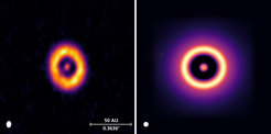 Comparison between observed and simulated dust distributions in transition disks. Left: Image of the disk around the object CIDA1 at a wavelength of 0.9 mm obtained with the ALMA interferometer as published in Pinilla et al., A&A 649, A122 (2021), DOI: 10.1051/0004-6361/202140371. The disk is slightly tilted with respect to the image plane. Right: Synthetic image of the dust distribution from the simulations performed by Matías Gárate and collaborators.