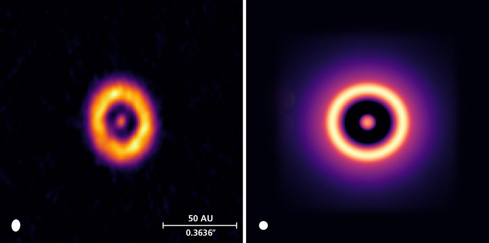 Comparison between observed and simulated dust distributions in transition disks. Left: Image of the disk around the object CIDA1 at a wavelength of 0.9 mm obtained with the ALMA interferometer as published in Pinilla et al., A&amp;A 649, A122 (2021), DOI: 10.1051/0004-6361/202140371. The disk is slightly tilted with respect to the image plane. Right: Synthetic image of the dust distribution from the simulations performed by Matías Gárate and collaborators.