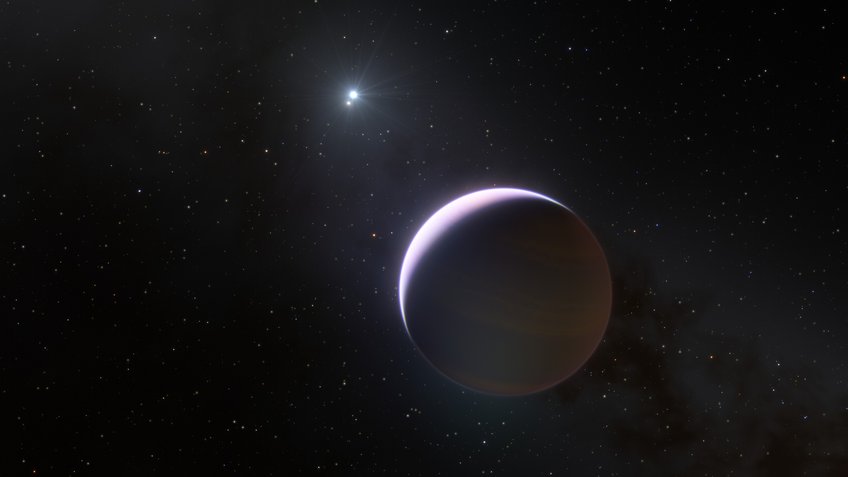 This artist’s impression shows a close up of the planet b Centauri b, which orbits a binary system with mass at least six times that of the Sun. This is the most massive and hottest planet-hosting star system found to date. The planet is ten times as massive as Jupiter and orbits the two-star system at 100 times the distance Jupiter orbits the Sun. This artist’s impression shows a close up of the planet b Centauri b, which orbits a binary system with mass at least six times that of the Sun. This is the most massive and hottest planet-hosting star system found to date. The planet is ten times as massive as Jupiter and orbits the two-star system at 100 times the distance Jupiter orbits the Sun.