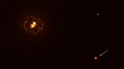 This image shows b Centauri, and its giant planet b Centauri b, by the SPHERE instrument on ESO’s Very Large Telescope and using a coronagraph. It blocked the immensely bright light from the massive star system (top left) and allowed astronomers to detect the faint planet (arrow).