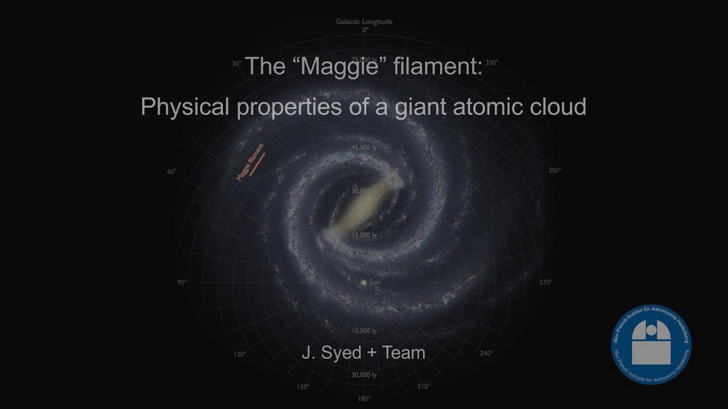 This animation begins with a schematic top view of the Milky Way with “Maggie’s” location marked by a red line. Then it rotates to a side view of the Milky Way and moves towards the filament. Finally, we see the distribution of atomic hydrogen, with the measured velocities represented by different colours.