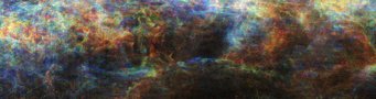 This image corresponds to the box in the figure with the overview of the Milky Way. In addition to the distribution of atomic hydrogen, the colours indicate different velocity ranges of the gas as measured by the observations of the THOR survey. The “Maggie” filament is visible in the lower area. This image corresponds to the box in the figure with the overview of the Milky Way. In addition to the distribution of atomic hydrogen, the colours indicate different velocity ranges of the gas as measured by the observations of the THOR survey. The “Maggie” filament is visible in the lower area.
