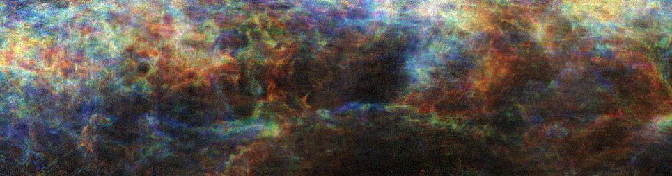 This image corresponds to the box in the figure with the overview of the Milky Way. In addition to the distribution of atomic hydrogen, the colours indicate different velocity ranges of the gas as measured by the observations of the THOR survey. The “Maggie” filament is visible in the lower area.