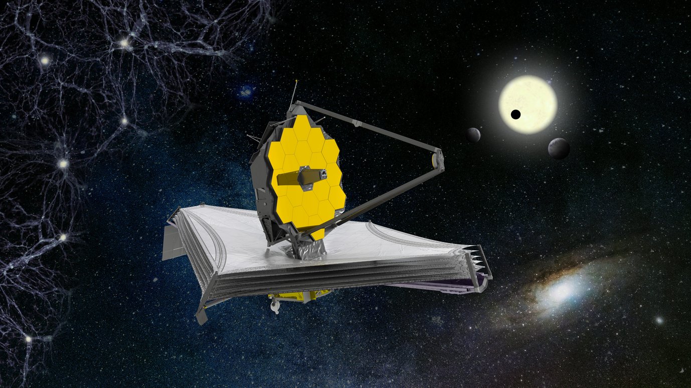 A deep look into space: As this artistic rendering suggests, the James Webb Space Telescope will focus on the infancy of the cosmos as well as the atmospheres of planets in distant stars.