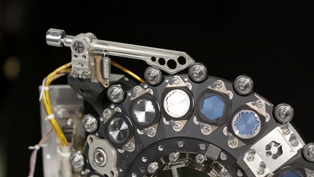 This video shows a functional test of the MIRI Filter Wheel (Qualification Model) as it is assembled inside the MIRI instrument onboard the James Webb Space Telescope. MPIA has designed, manufactured and tested this filter wheel using its own labs and manufacturing department. At the top of this setup, the ratchet keeps the wheel&#39;s optical elements at the specified position needed to operate the MIRI camera.