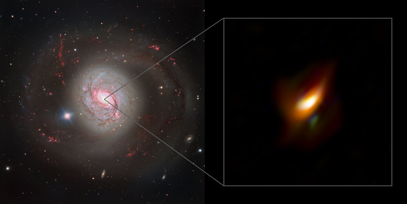 Aufnahme der Galaxie Messier 77 (links) und des Zentrums, wo der Staub durch seine Temperatur strahlt (rechts)