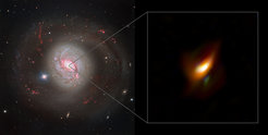 Aufnahme der Galaxie Messier 77 (links) und des Zentrums, wo der Staub durch seine Temperatur strahlt (rechts)