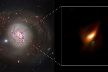 Aufnahme der Galaxie Messier 77 (links) und des Zentrums, wo der Staub durch seine Temperatur strahlt (rechts)