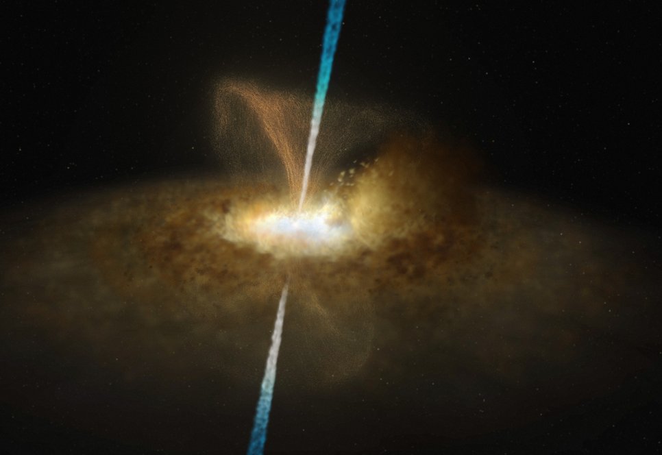 Künstlerische Darstellung der Galaxie Messier 77 mit hellem Kern und Jet