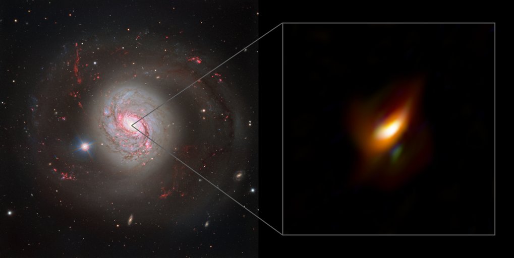 The left panel of this image shows a dazzling view of the active galaxy Messier 77 captured with the FOcal Reducer and low dispersion Spectrograph 2 (FORS2) instrument on ESO’s Very Large Telescope. The right panel shows a blow-up view of the very inner region of this galaxy, its active galactic nucleus, as seen with the MATISSE instrument on ESO’s Very Large Telescope Interferometer. Image of the galaxy Messier 77 (left) and the centre where the dust radiates through its temperature (right)