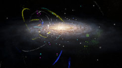 The Milky Way galaxy and the stellar streams (colored dots), globular clusters (star symbols) and dwarf galaxies (small cubes) that Khyati Malhan and his colleagues analysed for their atlas of Milky Way mergers.
