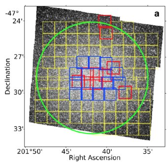 MUSE mosaic on top of the HST/ACS image. The pointings are in yellow (WFM), and blue (WFM-AO) for the more crowded regions, complementing the GTO data (red) out to the half light radius of the cluster (green circle). PI: Nadine Neumayer MUSE mosaic on top of the HST/ACS image. The pointings are in yellow (WFM), and blue (WFM-AO) for the more crowded regions, complementing the GTO data (red) out to the half light radius of the cluster (green circle). PI: Nadine Neumayer