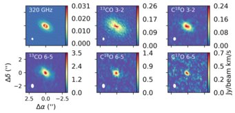 ALMA observations of the protoplanetary disk GM Aurigae seen in dust continuum as well as spectral line observations of five different transitions of CO. See Schwarz et al. 2021. ALMA observations of the protoplanetary disk GM Aurigae seen in dust continuum as well as spectral line observations of five different transitions of CO. See Schwarz et al. 2021.