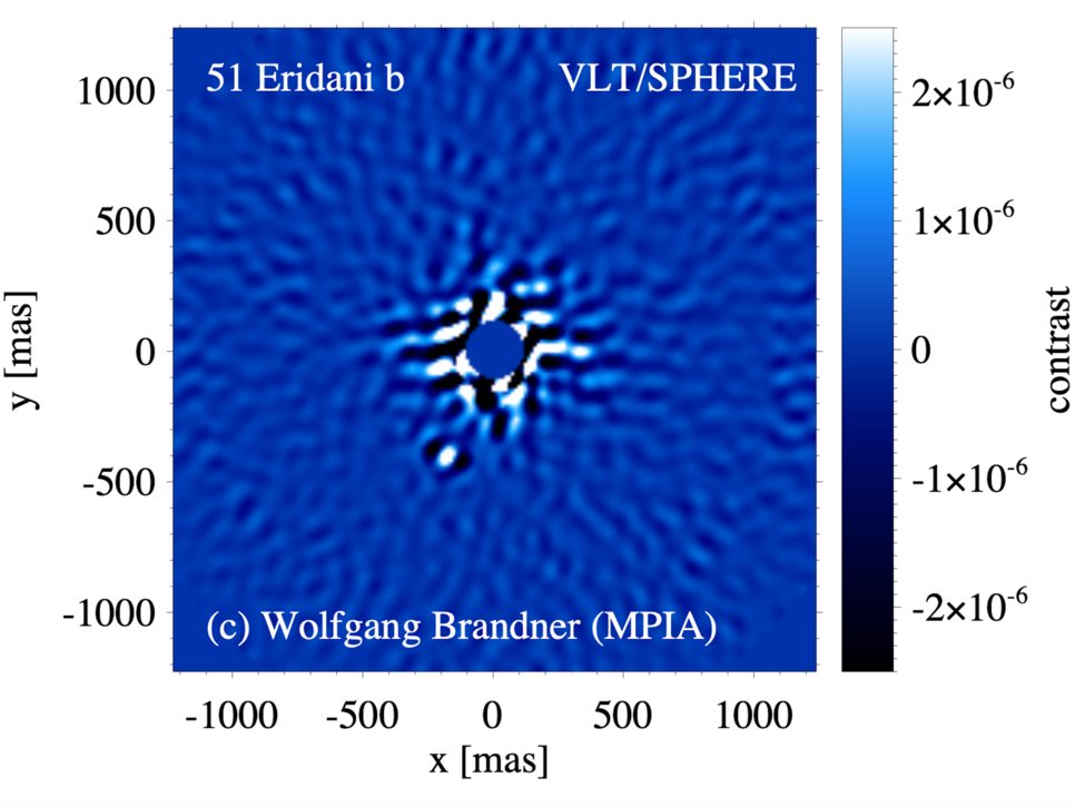 The exoplanet 51 Eridani b as observed with VLT/SPHERE in the K1-photometric band after angular differential imaging processing with ANDROMEDA. In the near-infrared, 51 Eridani b is at least 2.5e-6 fainter than its host star (Brown-Sevilla et al. 2022).