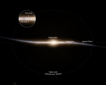 Basic structure of our home galaxy. The new results provide for a reconstruction of the history of the Milky way, in particular of the evolution of the so-called thick disk. Basic structure of our home galaxy. The new results provide for a reconstruction of the history of the Milky way, in particular of the evolution of the so-called thick disk.