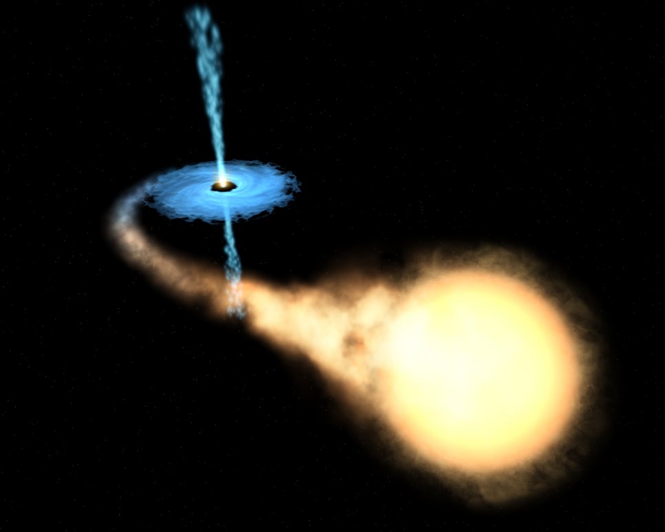 Künstlerische Darstellung eines stellaren schwarzen Lochs in einem Binärsystem. Dieses Beispiel zeigt den aktiven Fall, wenn also Materie des leuchtenden Sterns über eine scheibenartige Struktur (blau) – die sogenannte Akkretionsscheibe - auf den unsichtbaren Begleiter - das schwarze Loch – fällt und dabei Röntgenstrahlung frei wird. Doch es müsste eigentlich zahlreiche weitere Objekte geben, die mangels Akkretion „schlafend“ und daher unauffällig sind. Genau solche Objekte sollen nun gefunden werden.