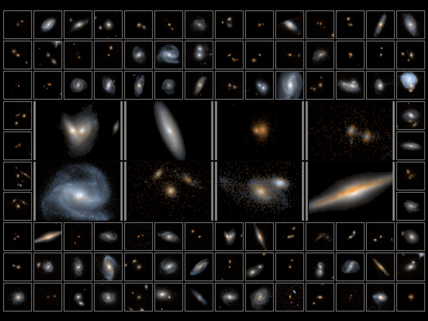 A collection of galaxy pictures, aligned in rows and columns.
