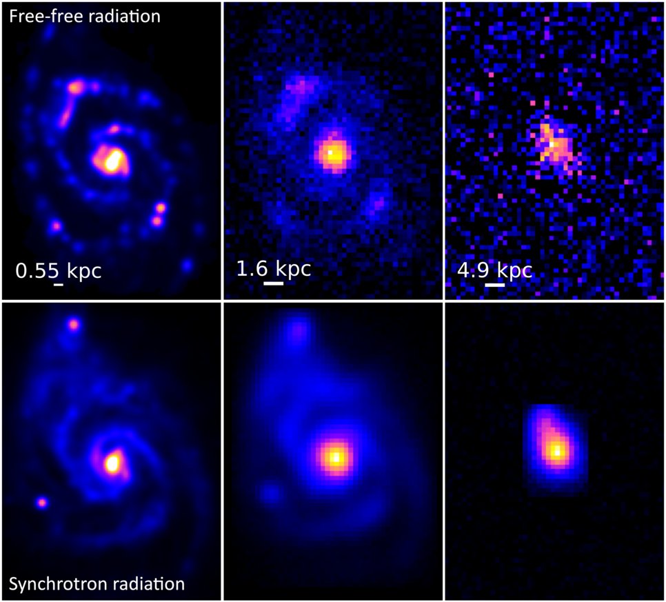 Maps of the template galaxy M 51 seen in radio emission at an observed frequency of 1.4 GHz (wavelength of 21 cm). The top row shows the free-free radio component while the bottom row represents synchrotron radiation. From left to right: template images reconstructed from observations, simulated images at redshift 0.15 (1.9 billion years in the past) and 1.0 (7.8 billion years in the past). The white bars indicate the scales at the simulated distances, given in kiloparsecs (1 kpc = 3260 light-years). The simulations demonstrate that the SKAO will be able to detect the radio emission from this galaxy.