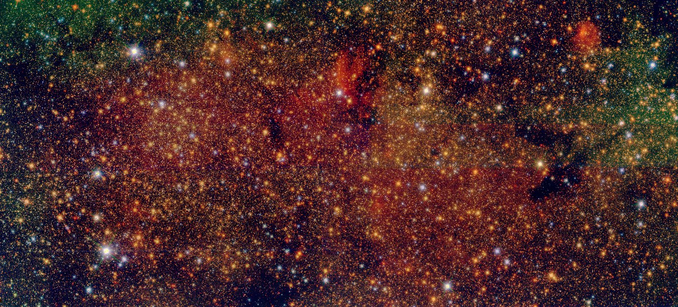 False-color image of the region Sagittarius B1, as seen by the GALACTICNUCLEUS survey. The data on which this image is based allowed Francisco Nogueras-Lara and colleagues to identify three million stars in the Galactic Center, and deduce key properties of the high-productivity star formation going on in that region of our home galaxy.