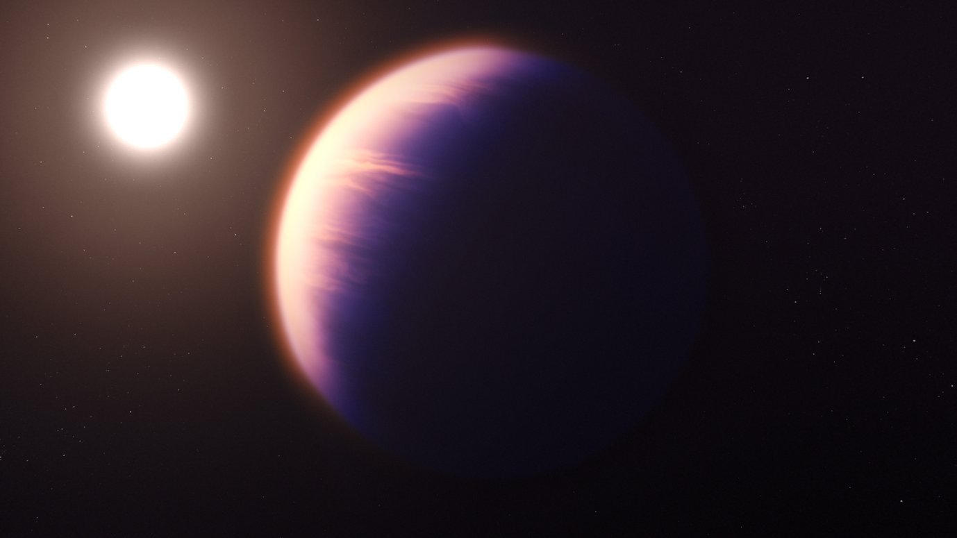 A bright round disc in the background illuminates part of a sphere in the foreground. It has stripes that suggest clouds.