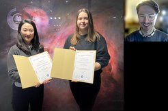 Die Patzerpreiträgerinnen und -Preisträger 2022: Jaeyeon Kim, Ekatarina Magg und Jakob Isbell, der am Festkolloquium via Internetvideo teilnahm (v.l.n.r.).