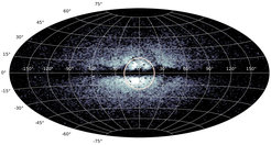 Map of especially metal-poor giant stars identified from Gaia DR3 data that shows, as a concentrated region (marked with a circke), the stars of the “poor old heart” of the Milky Way galaxy. The map shows the whole of the night sky in the same way that certain maps of the world show Earth's surface. In the center of the map is the direction towards the center of our home galaxy.