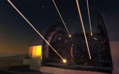 Künstlerische Darstellung des Extremely Large Telescope (ELT) mit Lasern für die Adaptive Optik im Einsatz.